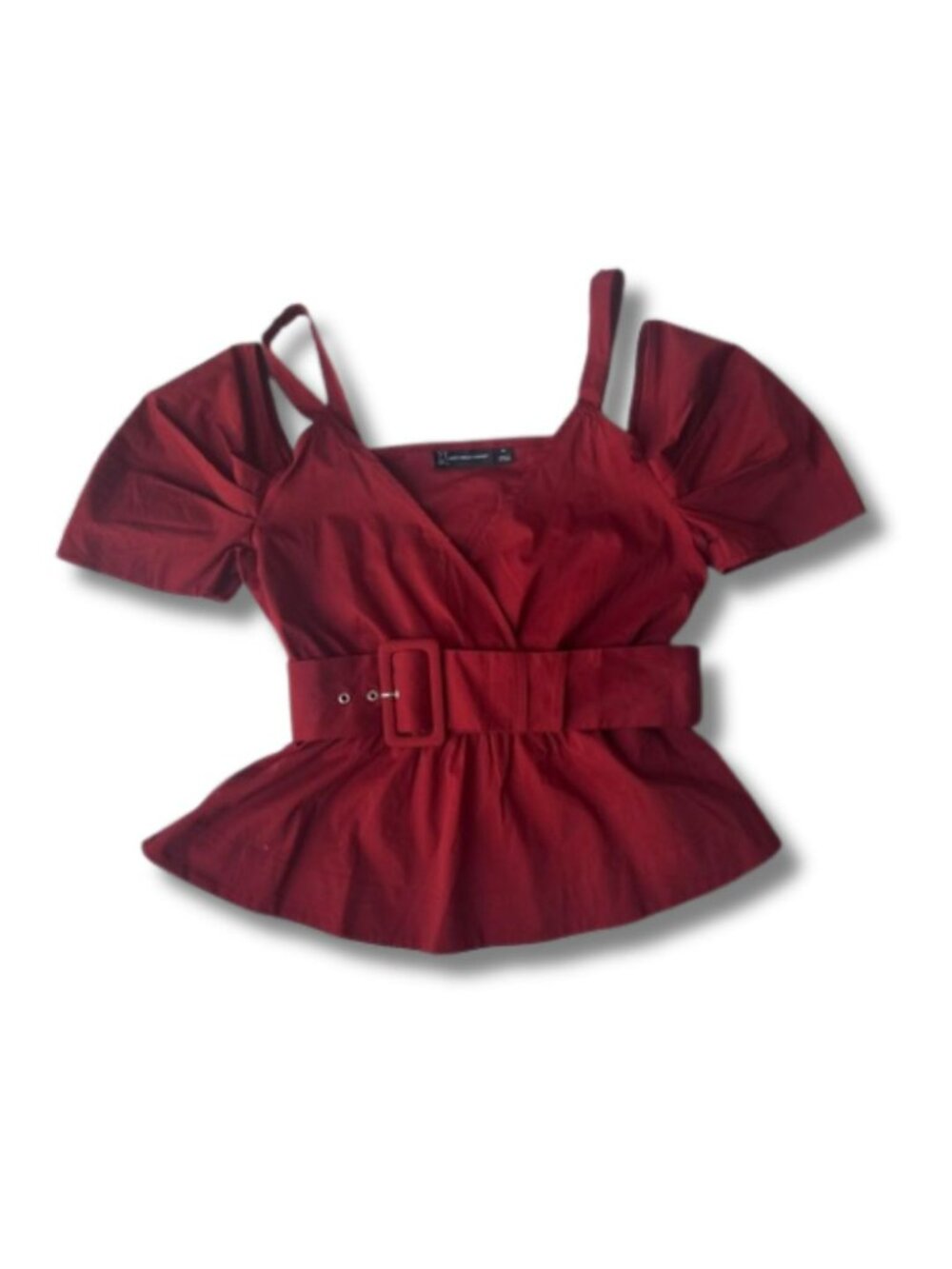 New York & Company Red Cold Shoulder Belted Peplum Blouse Size M